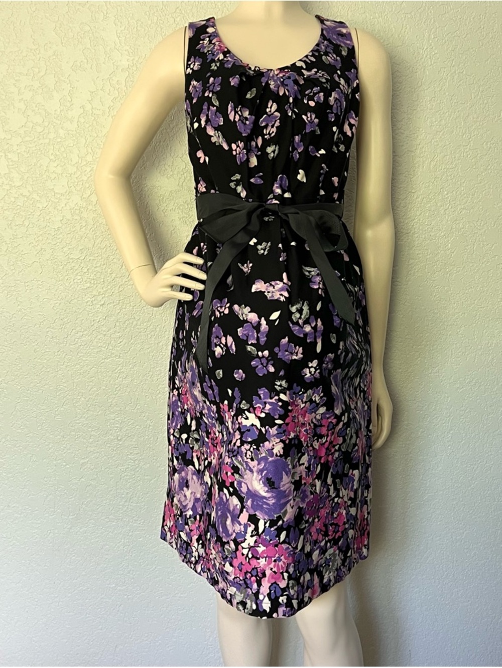 Floral Maternity Dress Motherhood Size Large Black Purple Stretch Tie Waist NWT